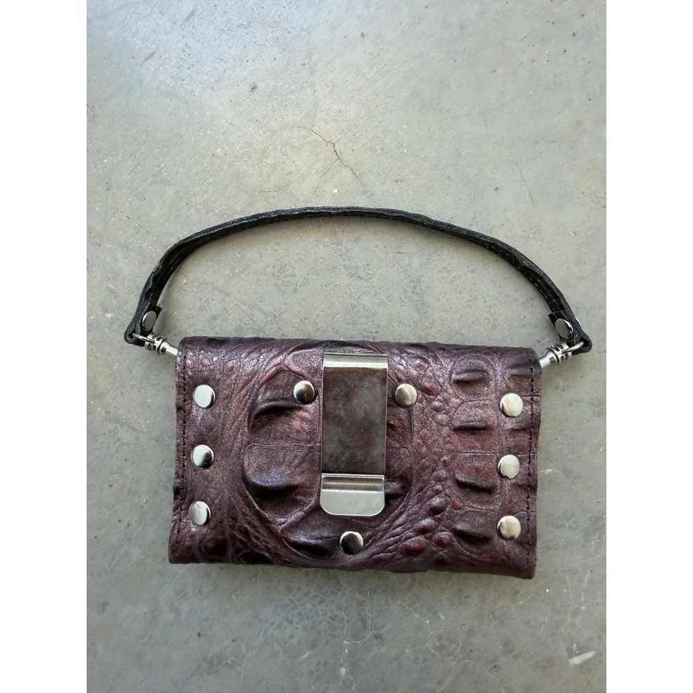 Raviani Made USA Brown Croc Embossed Leather Rhinestone Wristlet Belt Pouch